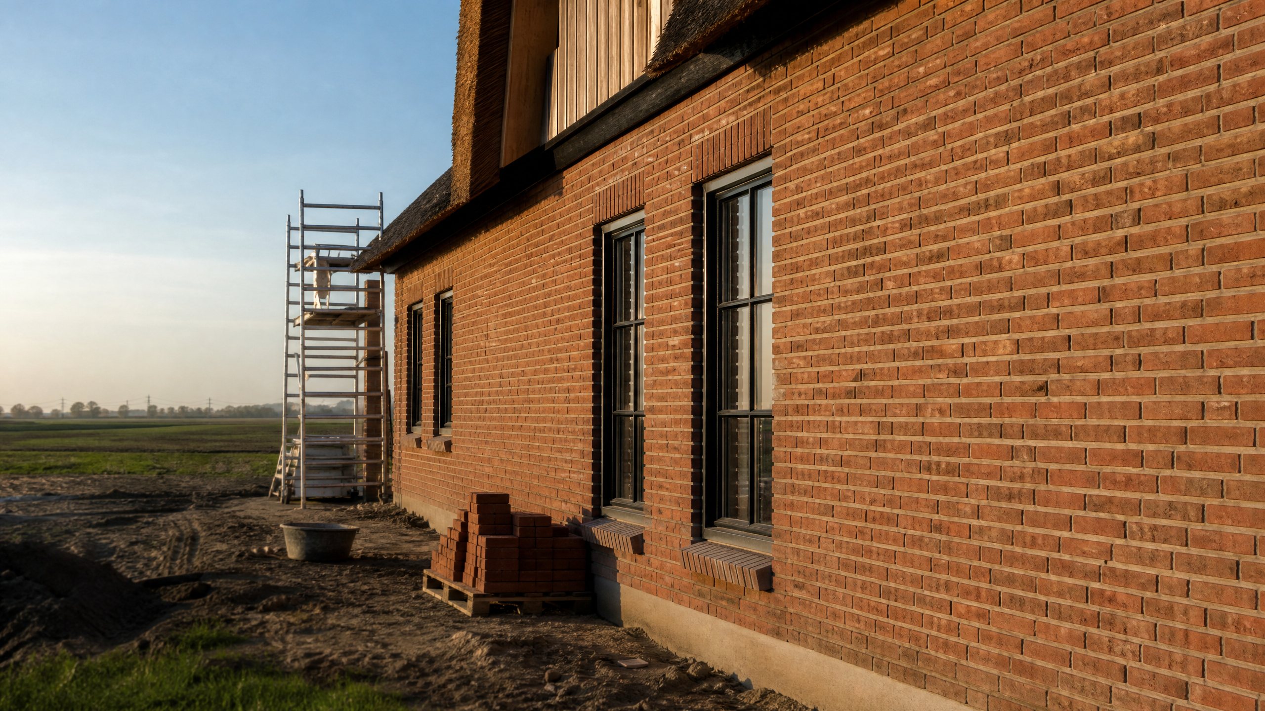 Sfeerbeeld: nieuw gemetselde gevel van rode baksteen in de late zon, met een steiger en een pallet stenen ernaast